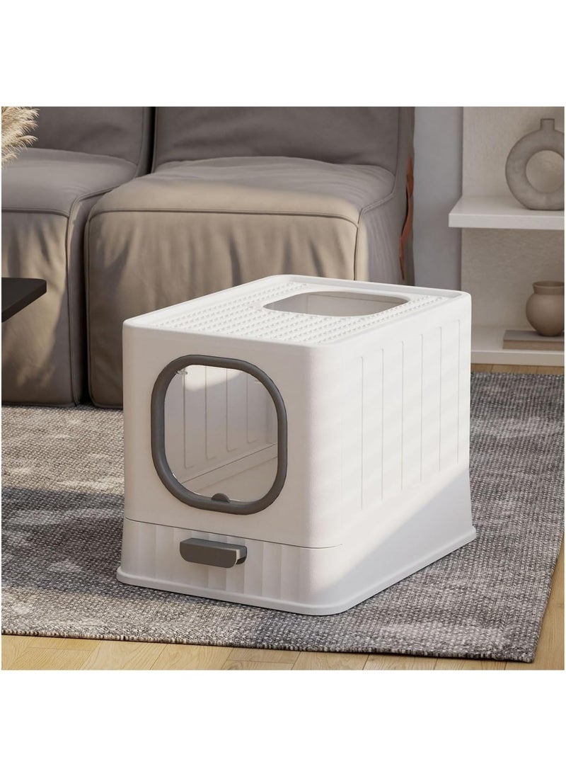 WISFOR - Large Cat Litter Box Foldable Cat Litter Box with Lid Enclosed Litter Pan Top Exit Drawer Type Kitty Potty with Handle Large High Sided Litter Tray Anti-Splashing Kitten Toilet with Scoop - Image 1