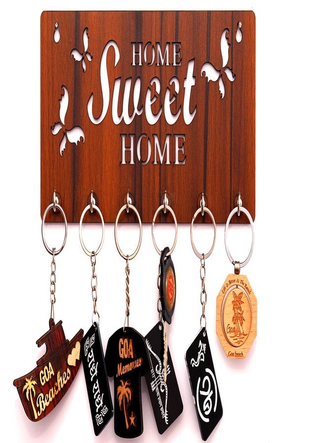 9br Wooden Key Holder for Home Wall Stylish || Key Stand || Mobile Holder for Wall || Key Hanger || Key Chain Holders for Wall (6 Hooks, MDF, Home Sweet Home) (Brown) - Image 1
