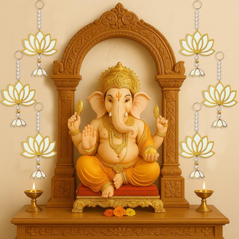 BENAVJI Presents Handmade MDF Wood Lotus Hangings Jhumki Style for Diwali Home Decor Temples Mandir Pooja Rooms All Festival Decorations Cream Color Lotus Pack of 6 - Image 3