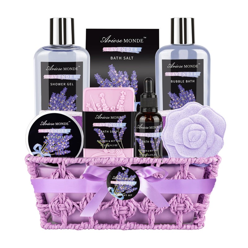 ArioseMonde Spa Gift Basket Set, Lavender Home Spa Gifts for Women With Shower Gel, Bubble Bath, Body Butter, Bath Salt, Bomb, Oil, Soap - Gift Idea for Mother, Girlfriend, Wife - Image 1