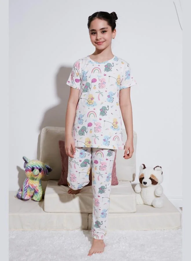 ليلا طقم بيجامة قطن % برقبة دائرية وأكمام قصيرة للبنات