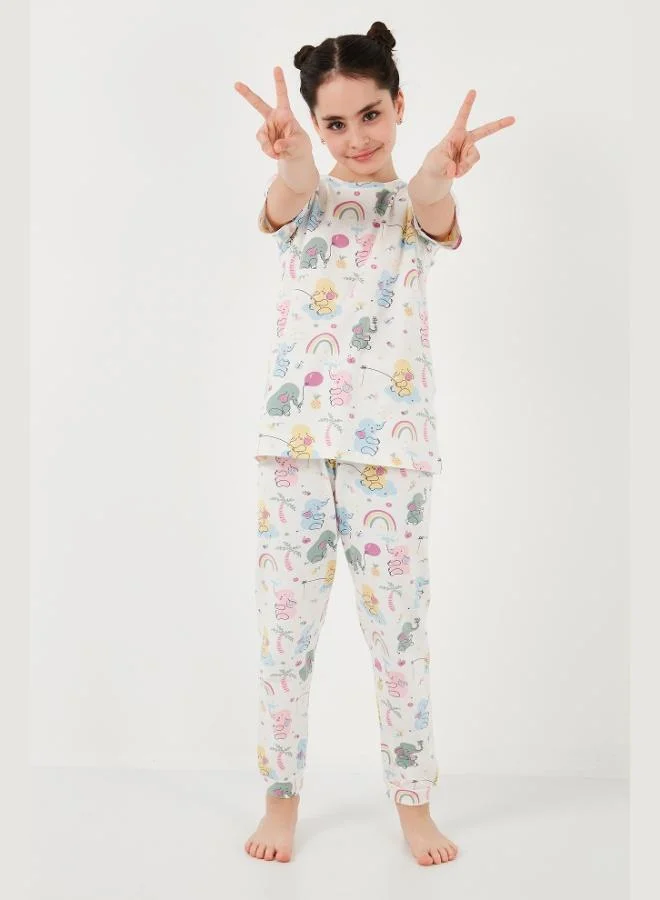 ليلا طقم بيجامة قطن % برقبة دائرية وأكمام قصيرة للبنات