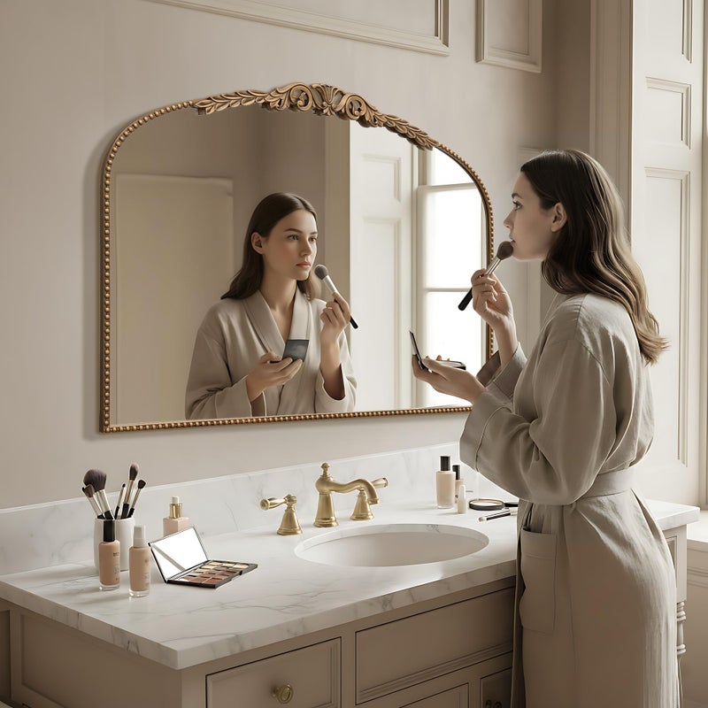Besdomus Large Gold Vintage Mirror: 29"x 36" French Baroque Bathroom Mirror - Traditional Ornate Antique Arched Mirrors for Wall/Dresser/Mantel/Bedroom/Entryway/Hallway - Home Decor for Living Room - Image 3