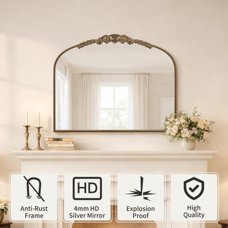 Besdomus Large Gold Vintage Mirror: 29"x 36" French Baroque Bathroom Mirror - Traditional Ornate Antique Arched Mirrors for Wall/Dresser/Mantel/Bedroom/Entryway/Hallway - Home Decor for Living Room - Image 2