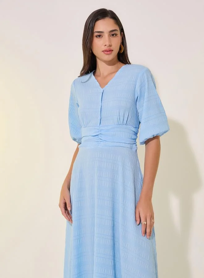 Take Two Textured V-Neck Puff Sleeve Maxi Dress