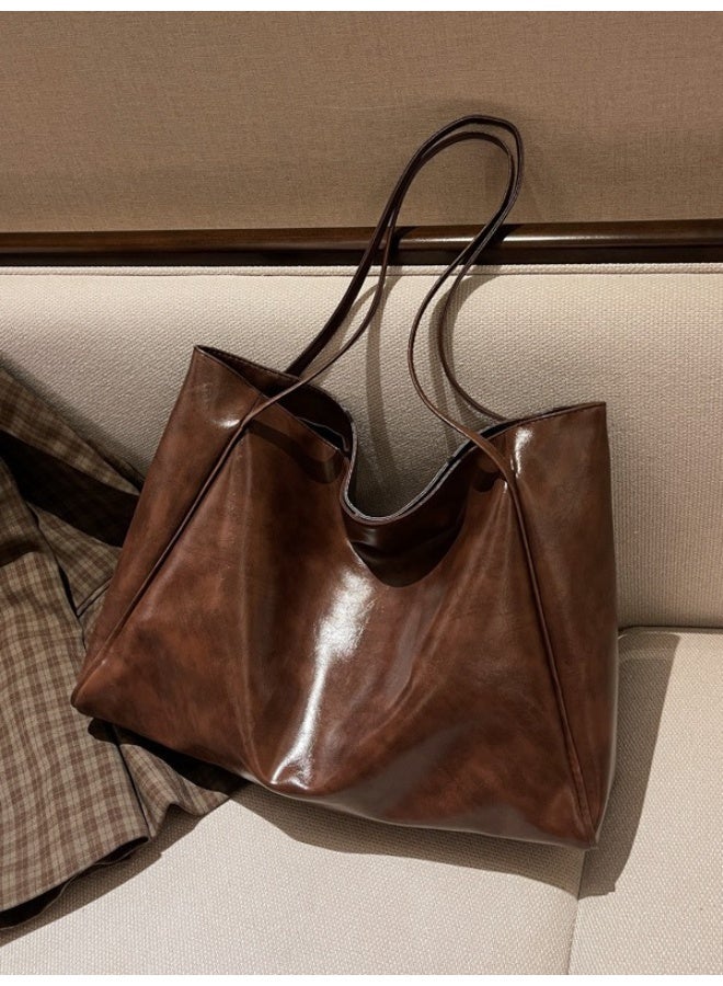 حقيبة كتف نسائية بتصميم كلاسيكي متعدد الاستخدامات، حقيبة كبيرة الحجم، حقيبة سفر كاجوال (لون القهوة) - Image 1