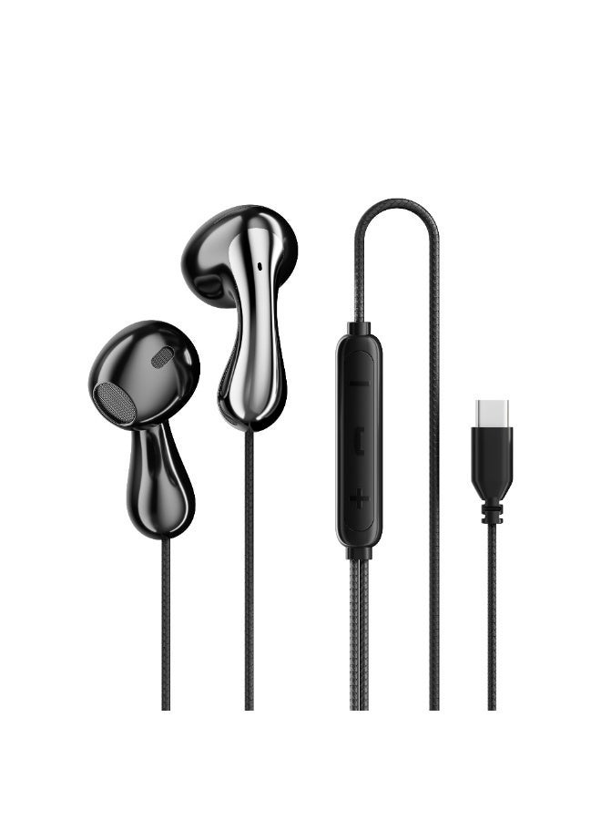Stereo Bass Type-C Wired Earphones with 3 Button Control & Powerful Bass / Crystal Clear Sound / Ergonomic Design / High-Definition Audio / Music & Calls - Black