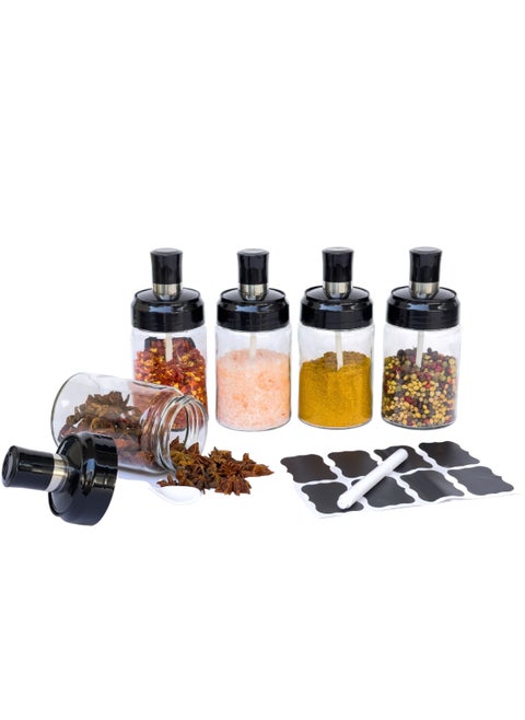 Borosilicate Set of 4 Glass Spice Jars with spoon cover for spice organizer, Condiment Pots with 8 waterproof spice jar labels and 1 marker, Seasoning bottle with Airtight Cap 250ml (8.45oz)