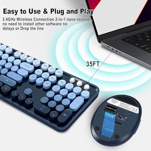 Kootop Wireless Keyboard and Mouse Combo, Cute Colorful 104 Keys Typewriter Retro Round Keycaps Keyboard for PC Laptop,Desktop,Windows, Home and Office Keyboards(Blue) - Image 2