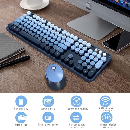 Kootop Wireless Keyboard and Mouse Combo, Cute Colorful 104 Keys Typewriter Retro Round Keycaps Keyboard for PC Laptop,Desktop,Windows, Home and Office Keyboards(Blue) - Image 4