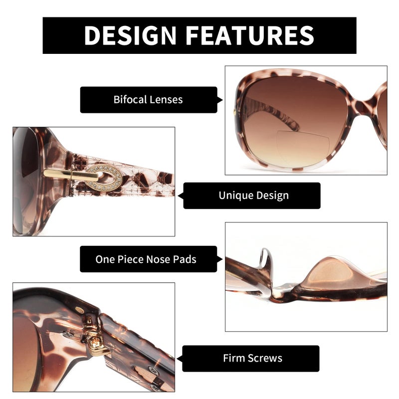 JM 2 Pairs Classic Bifocal Reading Sunglasses for Women Vintage Reader Glasses Outdoor UV Protection Black+Tortoise 1.25 - Image 4