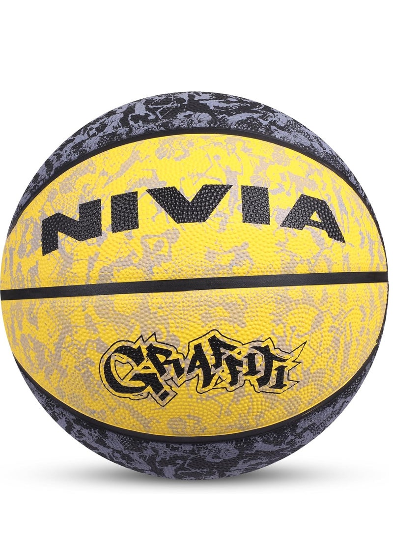Nivia Graffiti Moulded Basketball | Color: Black & Yellow | Size: 7 | Material: Rubber | Suitable for Hard Surface | Ideal for Intermediate, Training, Competition | Machine Stitched | Butyl Bladders - Image 1