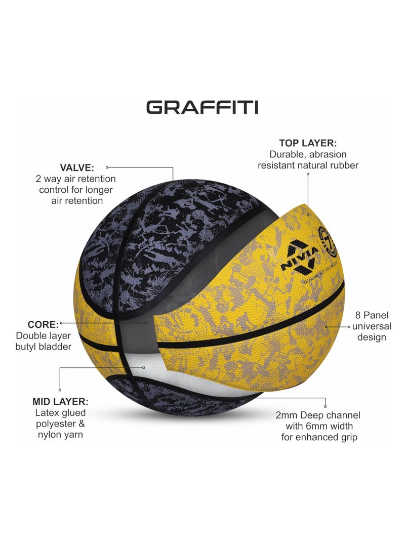 Nivia Graffiti Moulded Basketball | Color: Black & Yellow | Size: 7 | Material: Rubber | Suitable for Hard Surface | Ideal for Intermediate, Training, Competition | Machine Stitched | Butyl Bladders - Image 2