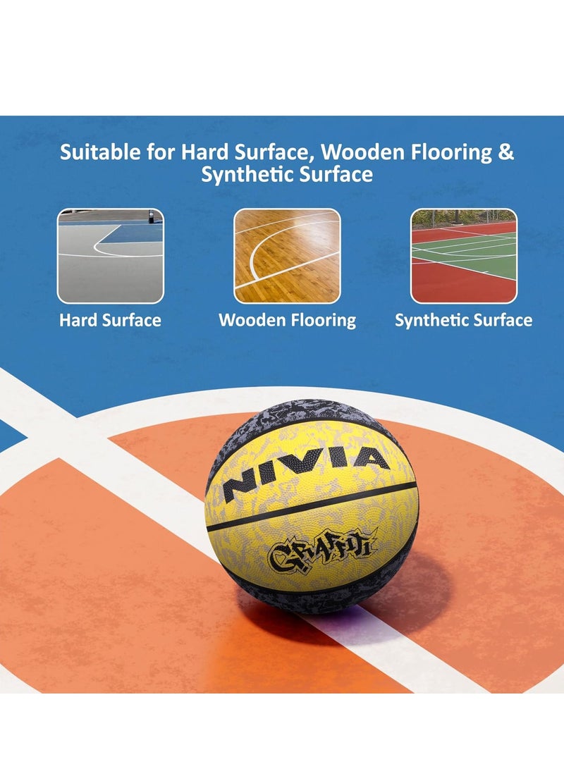 Nivia Graffiti Moulded Basketball | Color: Black & Yellow | Size: 7 | Material: Rubber | Suitable for Hard Surface | Ideal for Intermediate, Training, Competition | Machine Stitched | Butyl Bladders - Image 4