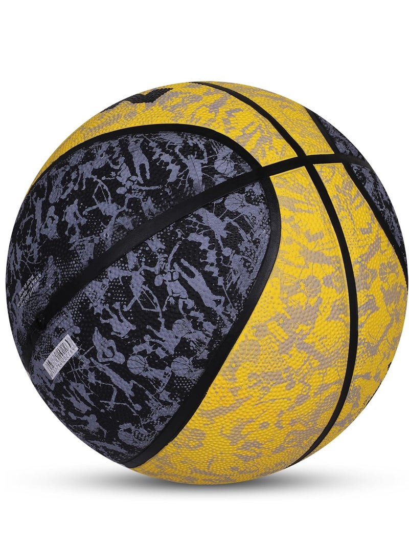 كرة سلة مصبوبة على الجدران | اللون: أسود وأصفر | الحجم: 7 | المادة: مطاط | مناسبة للأسطح الصلبة | مثالية للمستوى المتوسط ​​والتدريب والمنافسة | مخيط آليًا | مثانات البوتيل