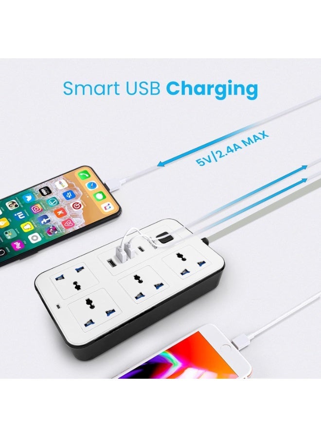 هاينز سلك تمديد عالمي بطول 3 أمتار مزود بأربعة منافذ طاقة وثلاثة منافذ USB، شريط طاقة رباعي المنافذ مع منفذ شحن USB من النوع C بتقنية PD، سلك تمديد - Image 2