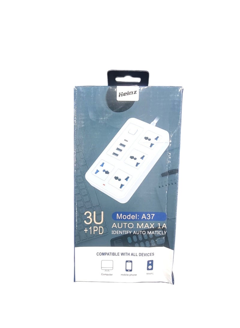 هاينز سلك تمديد عالمي بطول 3 أمتار مزود بأربعة منافذ طاقة وثلاثة منافذ USB، شريط طاقة رباعي المنافذ مع منفذ شحن USB من النوع C بتقنية PD، سلك تمديد - Image 1