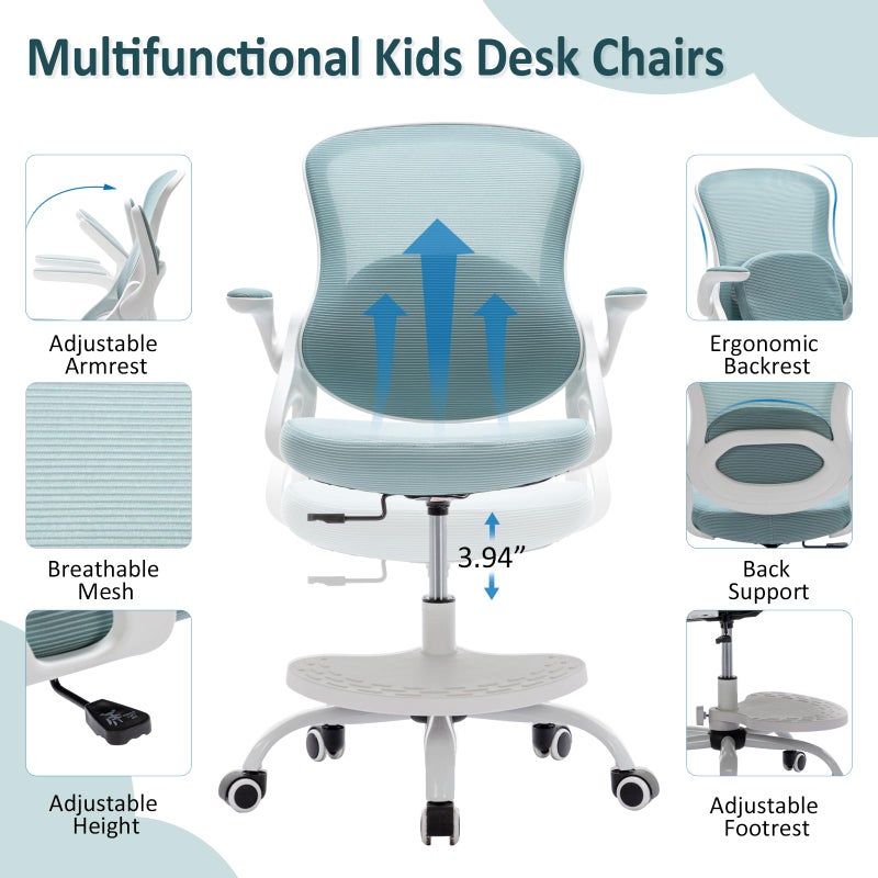 MINPINSER Kids Desk Chair,Ergonomic Study Chair with Adjustable Height,Swivel Mesh Desk Chair with Wheels,Home Office Chair for Children in Home Bedroom Blue - Image 3
