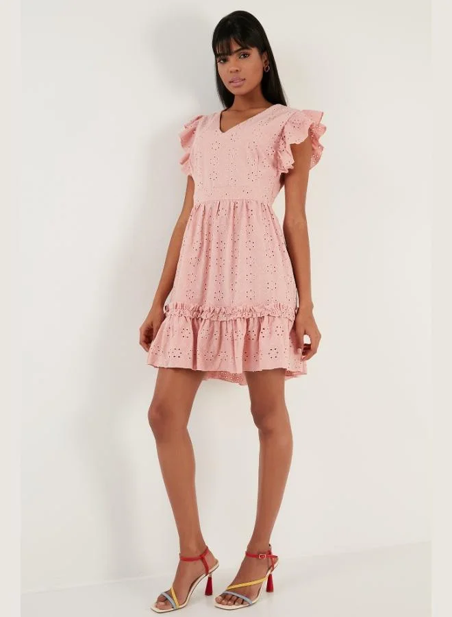 Lela Lela Cotton Embroidered V-Neck Ruffled Dress Women's Dress 6480105