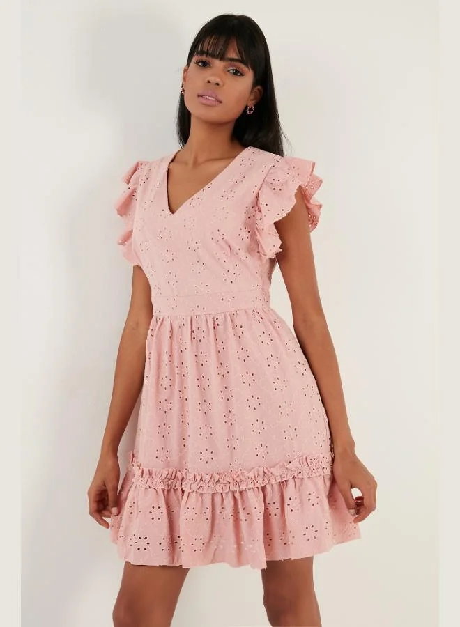 Lela Lela Cotton Embroidered V-Neck Ruffled Dress Women's Dress 6480105