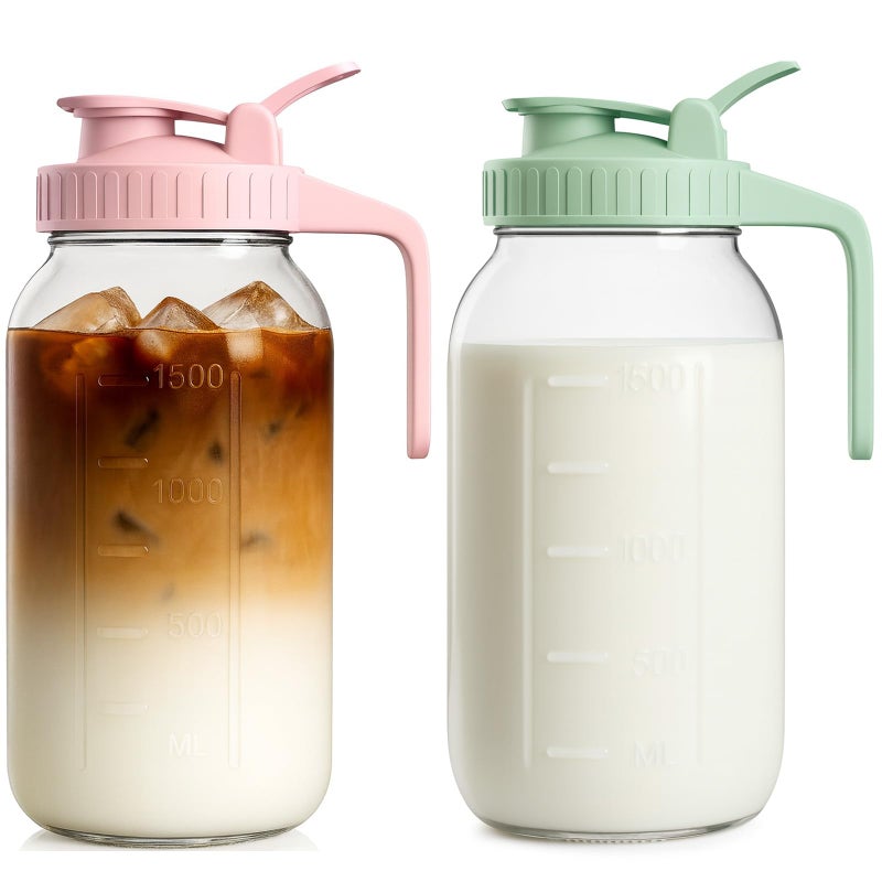 VA1KENE 2 Pack - 64oz Glass Breast Milk Pitcher with Lid & Spout, Leakproof Mason Jar Breastmilk Pitcher - Wide Mouth, Airtight 2 Quart Water Jug for Milk Storage, Breastmilk, Sun Tea, Iced Coffee, Juice - Image 1