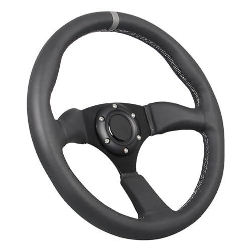 GONMOT 350mm Gray Stripe Racing Steering Wheel 6 Bolts Black Leather Grip Brushed Black Anodized Spoke with Horn Button - Image 1