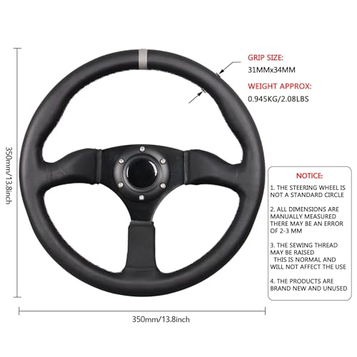 GONMOT 350mm Gray Stripe Racing Steering Wheel 6 Bolts Black Leather Grip Brushed Black Anodized Spoke with Horn Button - Image 3