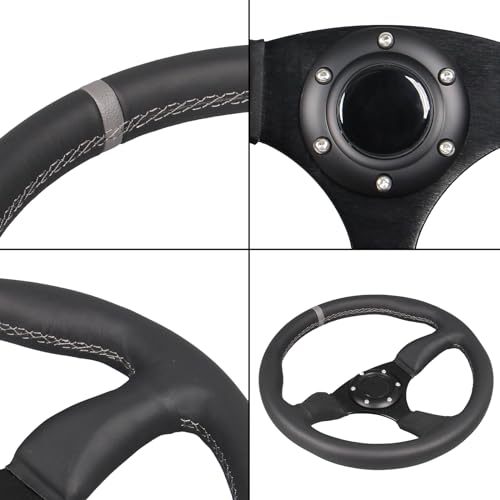 GONMOT 350mm Gray Stripe Racing Steering Wheel 6 Bolts Black Leather Grip Brushed Black Anodized Spoke with Horn Button - Image 5