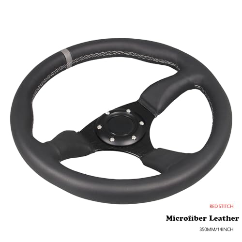GONMOT 350mm Gray Stripe Racing Steering Wheel 6 Bolts Black Leather Grip Brushed Black Anodized Spoke with Horn Button - Image 2