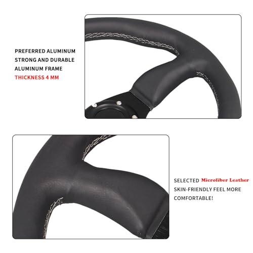 GONMOT 350mm Gray Stripe Racing Steering Wheel 6 Bolts Black Leather Grip Brushed Black Anodized Spoke with Horn Button - Image 4