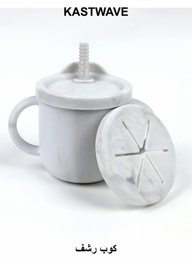 كاست ويف كوب شرب للأطفال الصغار مع غطاء، وعاء وجبات خفيفة للأطفال 2 في 1، وعاء سيليكون للوجبات الخفيفة مع مقياس قابل للإزالة، زجاجة مياه للأطفال مع ماصة 8.5 أونصة (رخامي) - Image 1