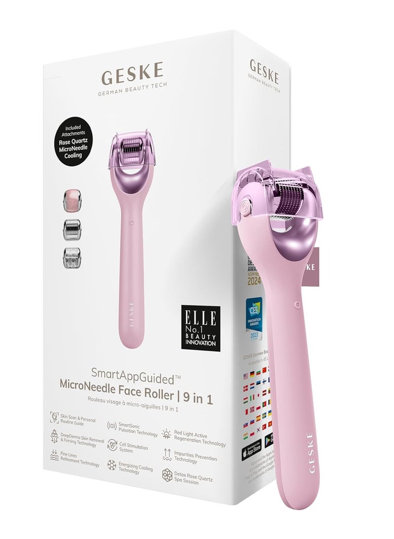 GESKE SmartAppGuided™ MicroNeedle Face Roller, 9 in 1, with Rose Quartz, Microneedling, Professional Micro Needling Device, Needle Roller, Beauty Roller Face, Micro Needling Roller  - Image 1