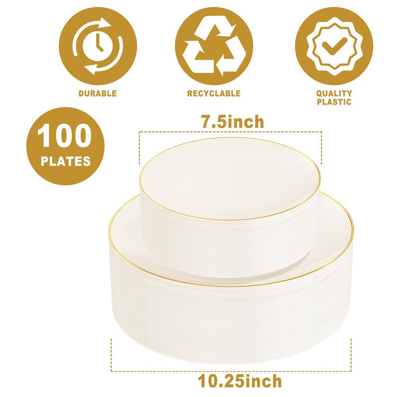PULOTE 100PCS Ivory Plastic Plates - Cream Plastic Disposable Heavy Duty for Party & Wedding - Include 50 Each (Dinner & Dessert) Plates - Image 2