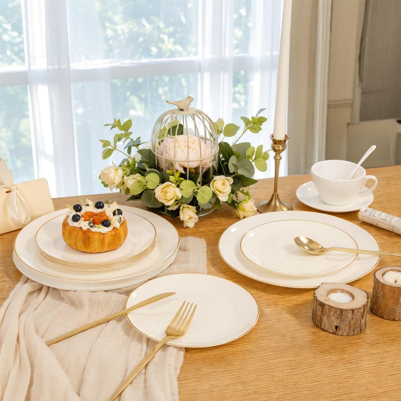 PULOTE 100PCS Ivory Plastic Plates - Cream Plastic Disposable Heavy Duty for Party & Wedding - Include 50 Each (Dinner & Dessert) Plates - Image 5