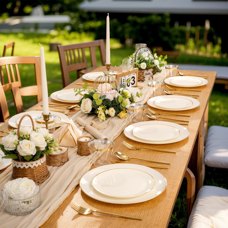 PULOTE 100PCS Ivory Plastic Plates - Cream Plastic Disposable Heavy Duty for Party & Wedding - Include 50 Each (Dinner & Dessert) Plates - Image 3