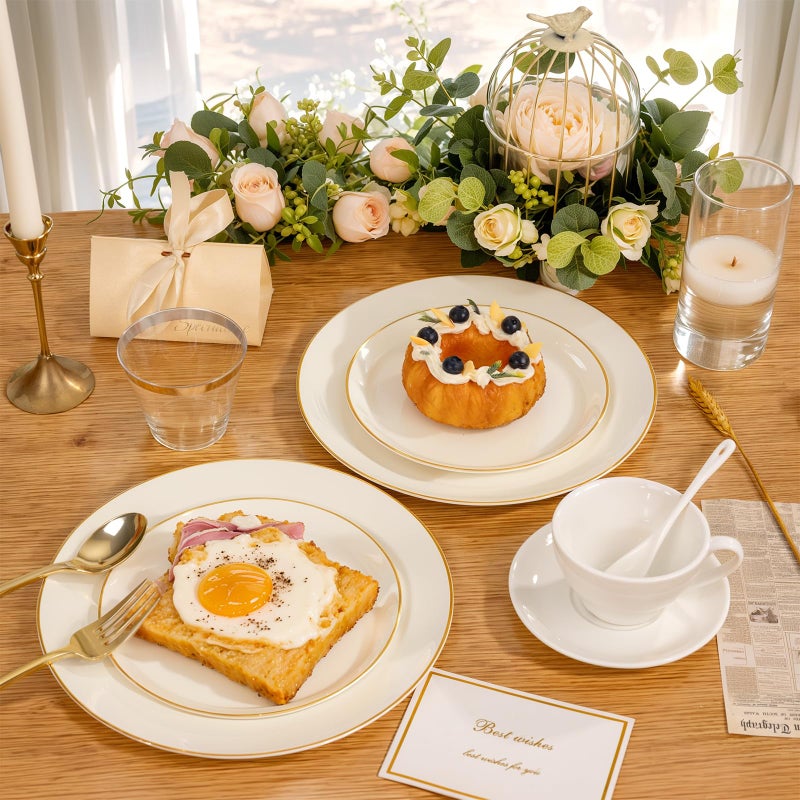 PULOTE 100PCS Ivory Plastic Plates - Cream Plastic Disposable Heavy Duty for Party & Wedding - Include 50 Each (Dinner & Dessert) Plates - Image 4