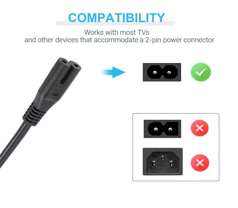 TONIWA 6 ft 2 Prong Power Cord Compatible with TCL Roku Smart LED LCD HD TV Universal AC Power Cable Replacement [UL Listed] - Image 3