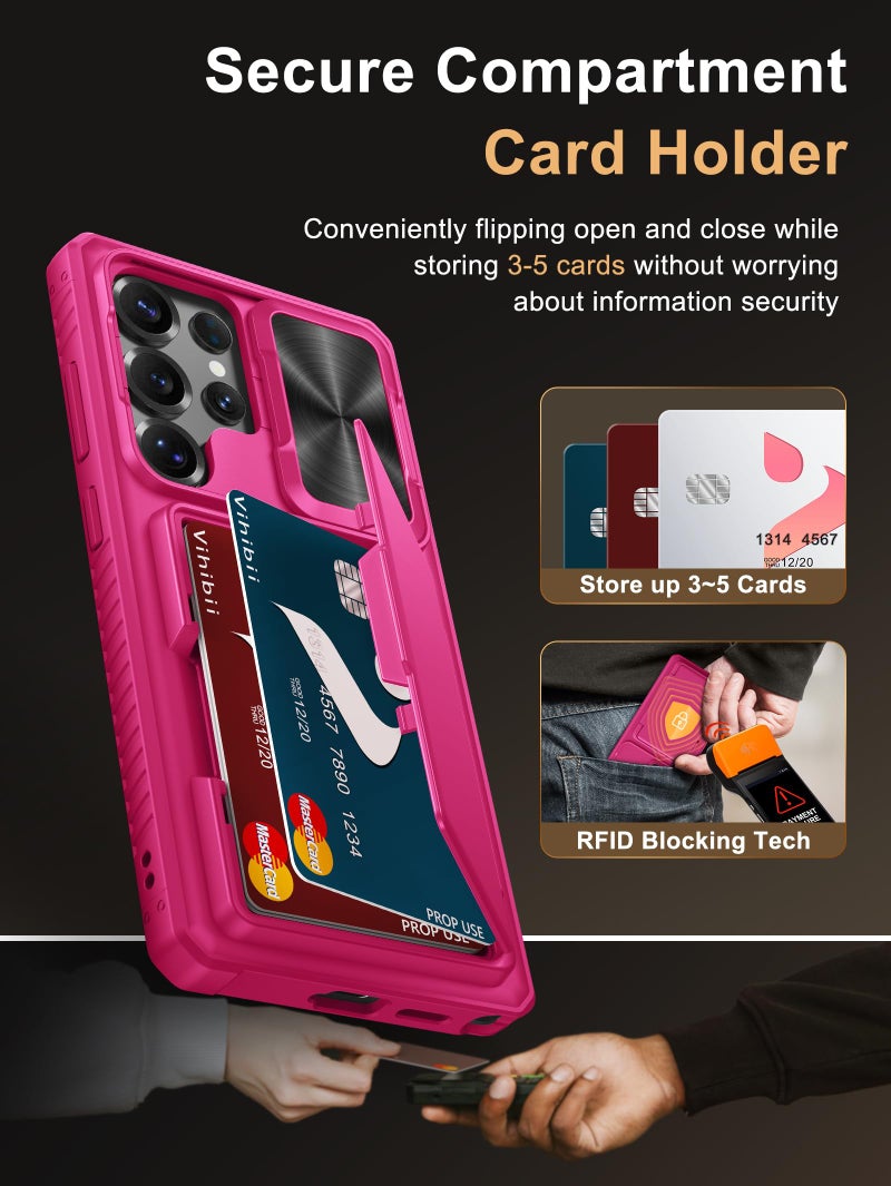 Vihibii for Samsung Galaxy S25 Ultra Wallet Case with Card Holder (4 Cards), [RFID Blocking] & Slide Camera Cover & Raise Screen Edges, Hard Back Phone Cover for Samsung Galaxy S25 Ultra, Hot Pink - Image 3