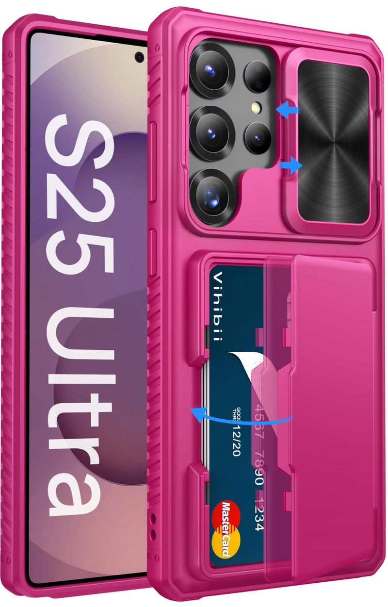 Vihibii for Samsung Galaxy S25 Ultra Wallet Case with Card Holder (4 Cards), [RFID Blocking] & Slide Camera Cover & Raise Screen Edges, Hard Back Phone Cover for Samsung Galaxy S25 Ultra, Hot Pink - Image 1