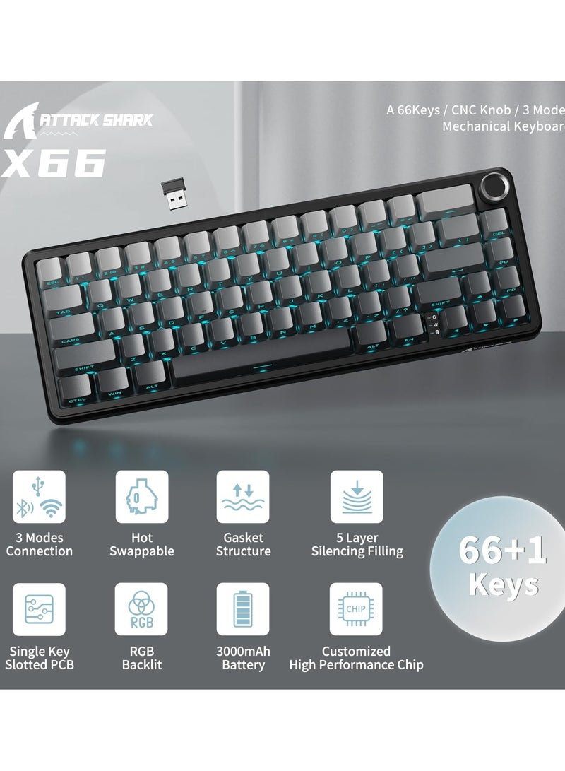 Attack Shark X66 Wireless Mechanical Gaming Keyboard with Knob,Tri Mode USB-C/BT5.0/2.4G Gasket Mounted 60% RGB Gaming Keyboard, Side Printed PBT Keycap,Hot Swappable Strawberry Switch(Moonlight) - Image 2