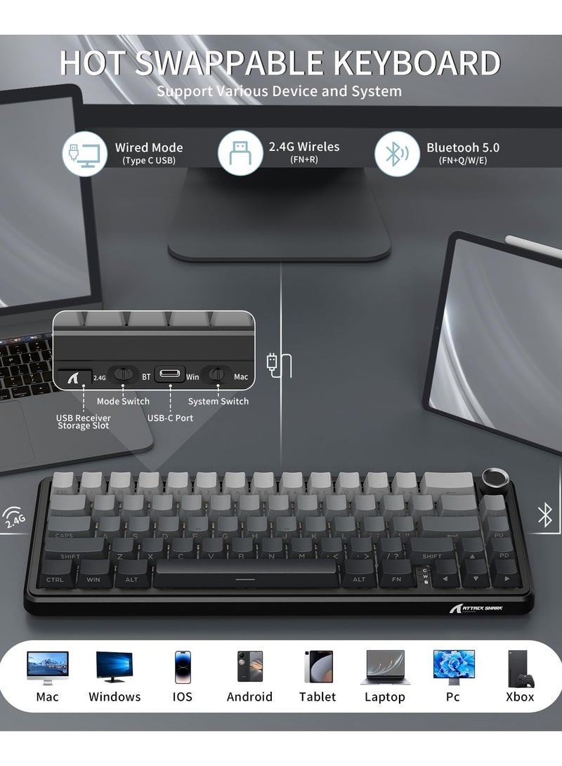 Attack Shark X66 Wireless Mechanical Gaming Keyboard with Knob,Tri Mode USB-C/BT5.0/2.4G Gasket Mounted 60% RGB Gaming Keyboard, Side Printed PBT Keycap,Hot Swappable Strawberry Switch(Moonlight) - Image 3