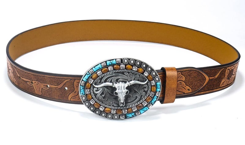 FGSS Western-Cowboy-Leather-Belts for Women Turquoise-Oval-Buckle Embossed Cowgirl Belt for Jeans Pants - Image 5