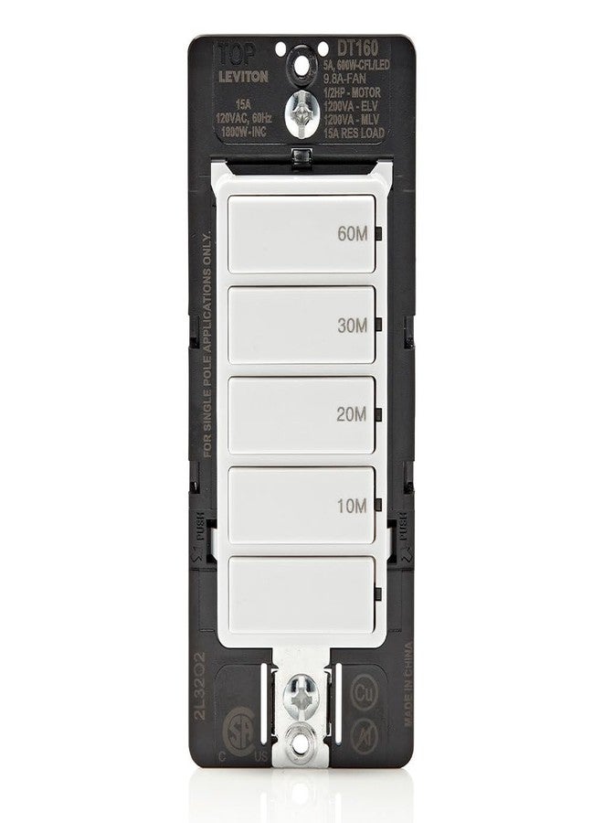 Leviton Countdown Timer Switch for bathroom fan and household lights, 10-20-30-60 min, No Neutral Required, Single Pole, 15A, 1/2HP/9.8A Fan/Motor, DT160-1LW, White - Image 1