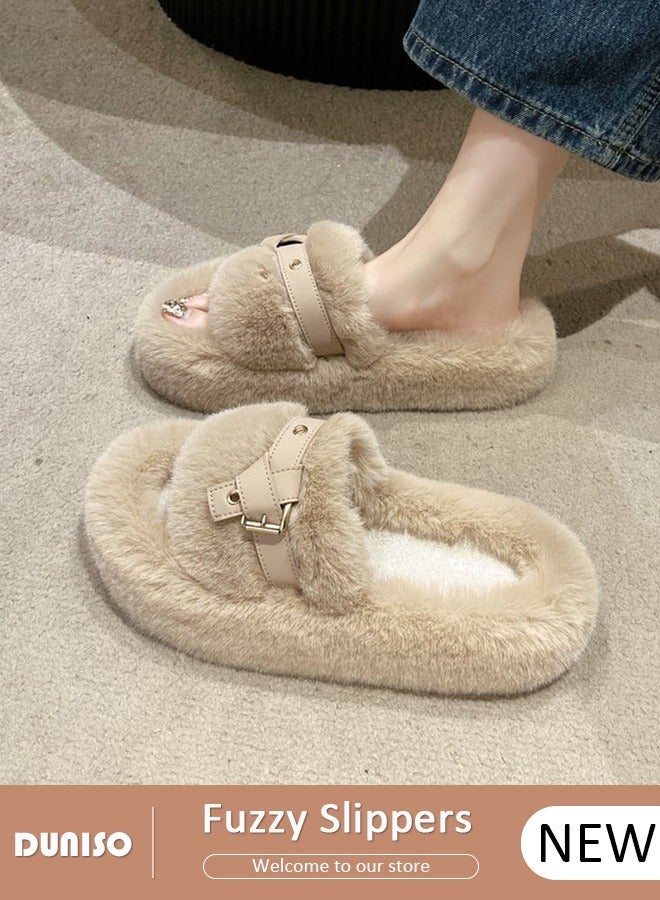 DUNISO Women's Fluffy Slippers, Fashion Warm Shoes Woman Slippers with Faux Fur, Comfortable Home Furry Slippers, Lightweight Non Slip House Slippers For Cozy Indoor Outdoor - Image 1
