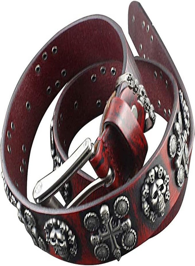vogueteen Mens Goth Skull Cross Vintage Red Genuine Leather Belt Biker Rock One Size - Image 2