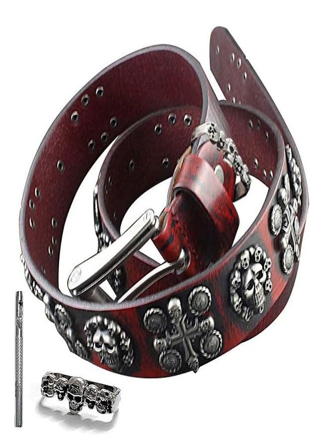 vogueteen Mens Goth Skull Cross Vintage Red Genuine Leather Belt Biker Rock One Size - Image 1
