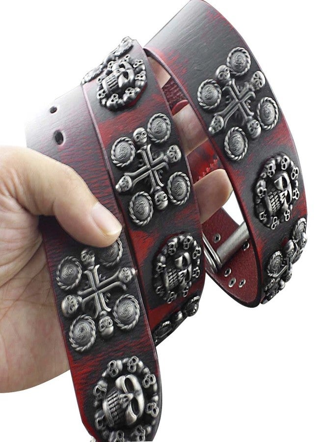 vogueteen Mens Goth Skull Cross Vintage Red Genuine Leather Belt Biker Rock One Size - Image 3
