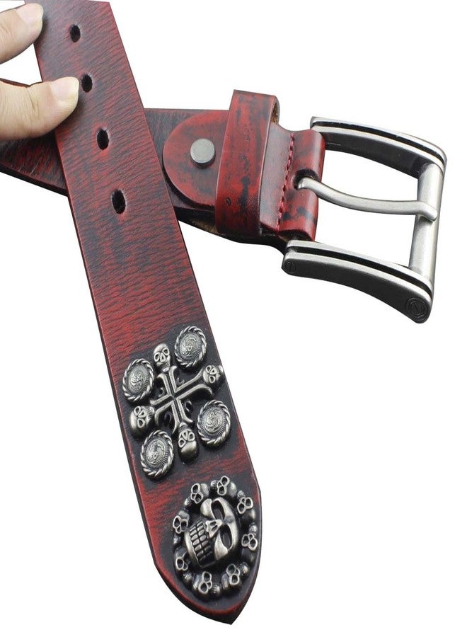 vogueteen Mens Goth Skull Cross Vintage Red Genuine Leather Belt Biker Rock One Size - Image 5