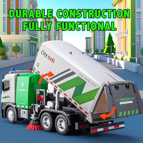 TAKGUD Street Sweeper Truck with Open-able Doors, 11.5" Big Trash Truck with Lights and Sounds, Friction Powered Garbage Toys Gift for Boys Girls Kids - Image 2