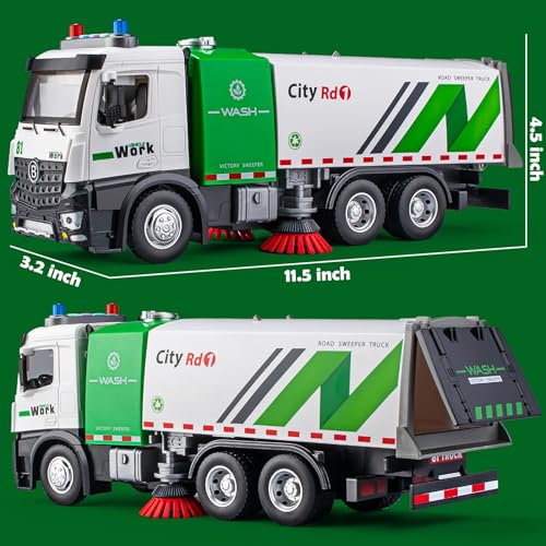 TAKGUD Street Sweeper Truck with Open-able Doors, 11.5" Big Trash Truck with Lights and Sounds, Friction Powered Garbage Toys Gift for Boys Girls Kids - Image 4